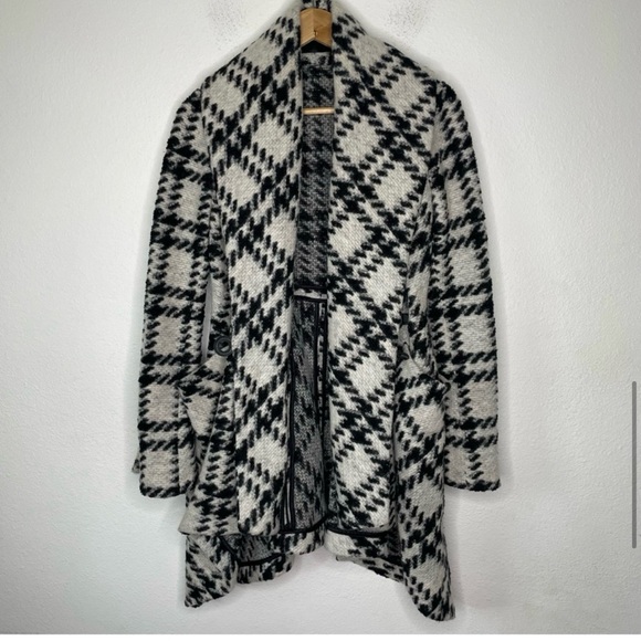 L.A.M.B. Gwen Stefani White Plaid Wool Blend Shawl Collar Asymmetrical Wrap Coat - Picture 6 of 9